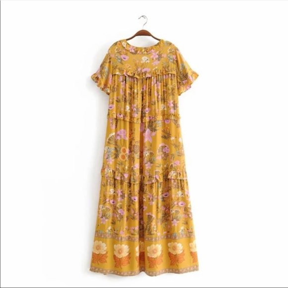 Boho 60s Floral Gypsy Print Maxi Dress Yellow - Picture 5 of 14